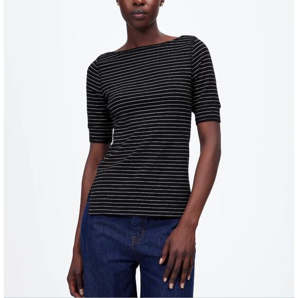 Madewell Ribbed Boatneck Tee Womens S White Blue Striped Stretch Short Sleeve - Picture 2 of 8